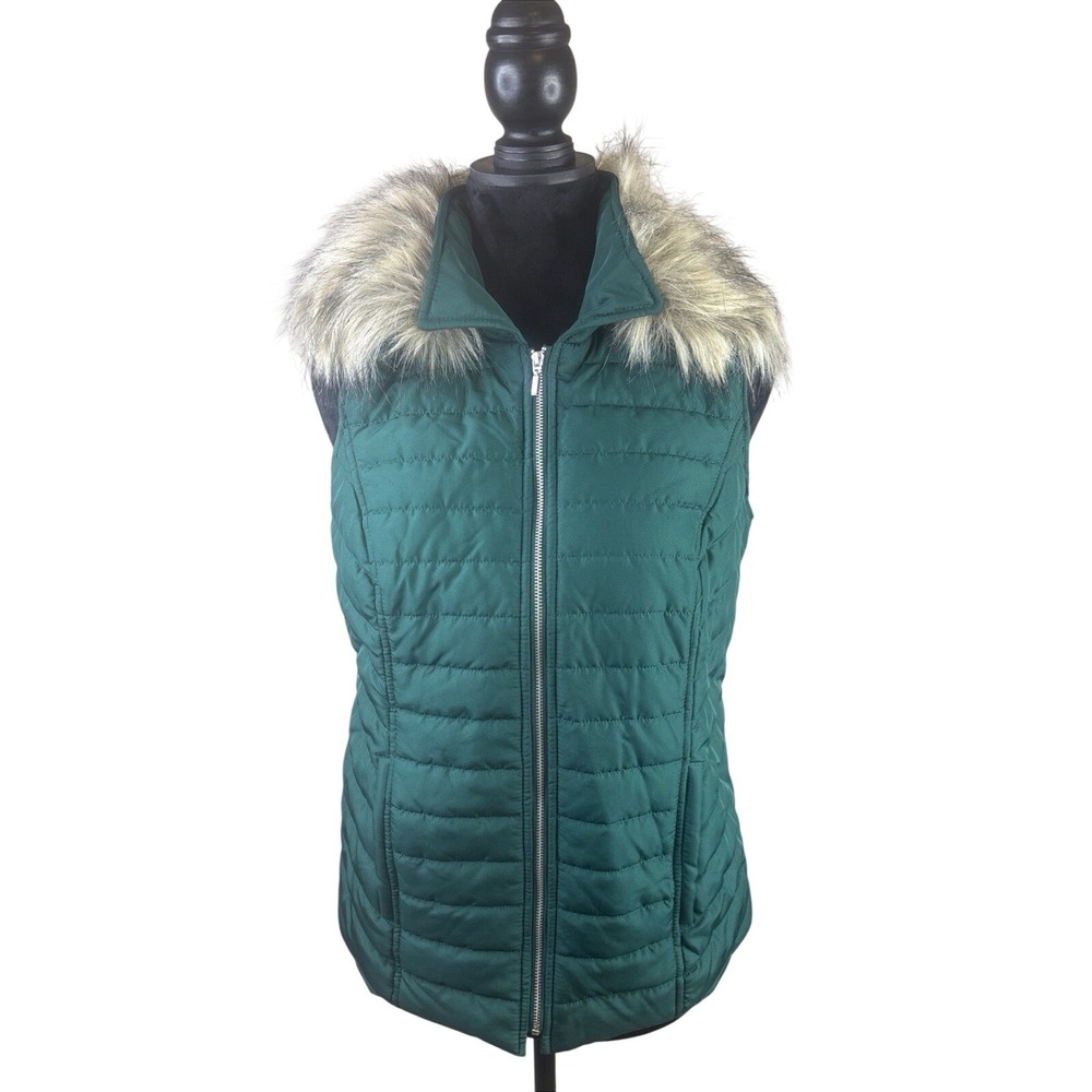 Chico's Green Quilted Puffer Vest With Removable Faux Fur Collar Size Small